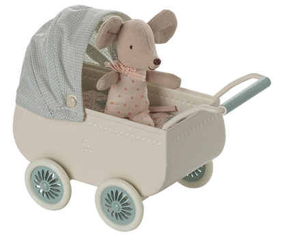 PREORDER - Pram with baby mouse - Mint