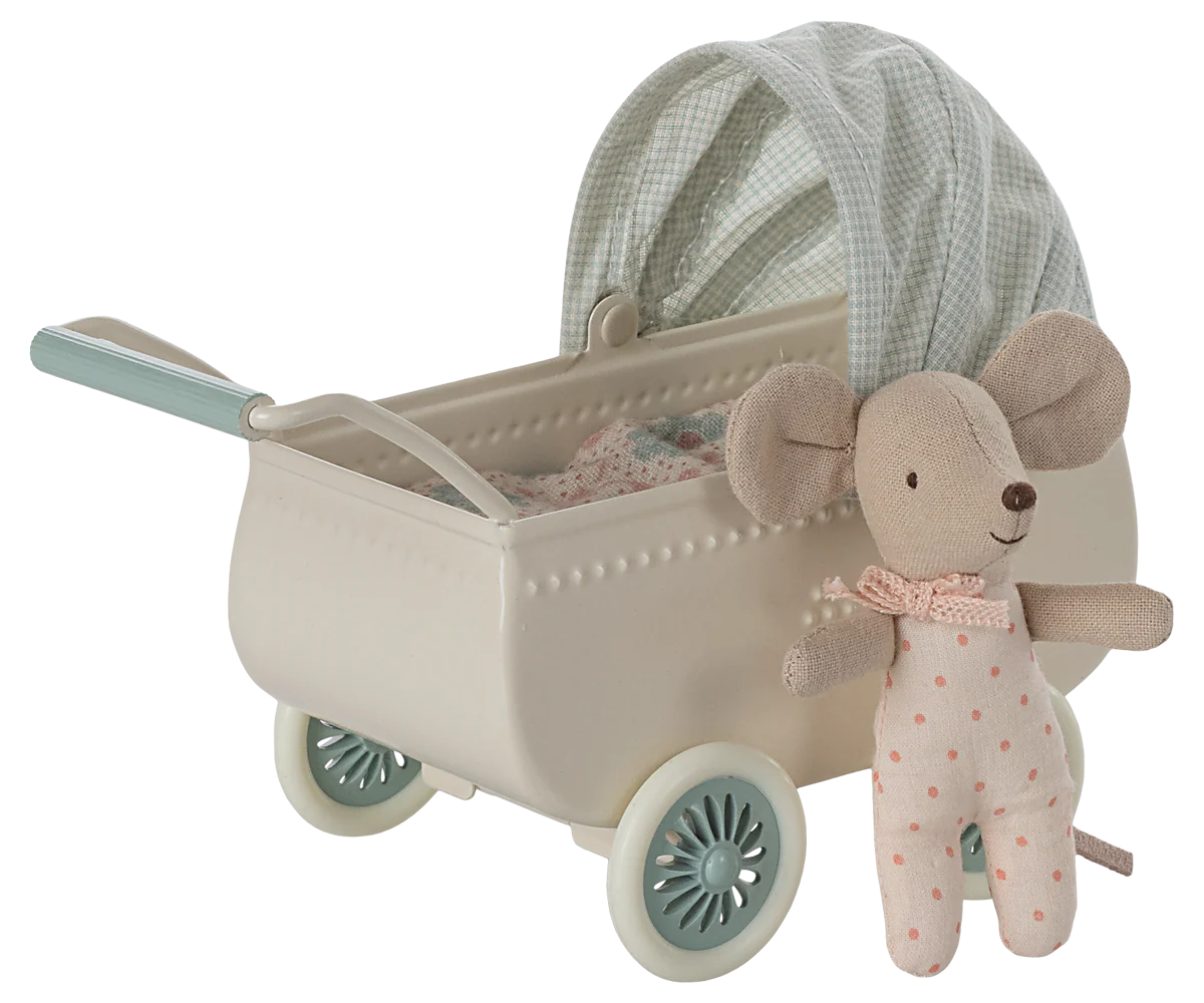 PREORDER - Pram with baby mouse - Mint