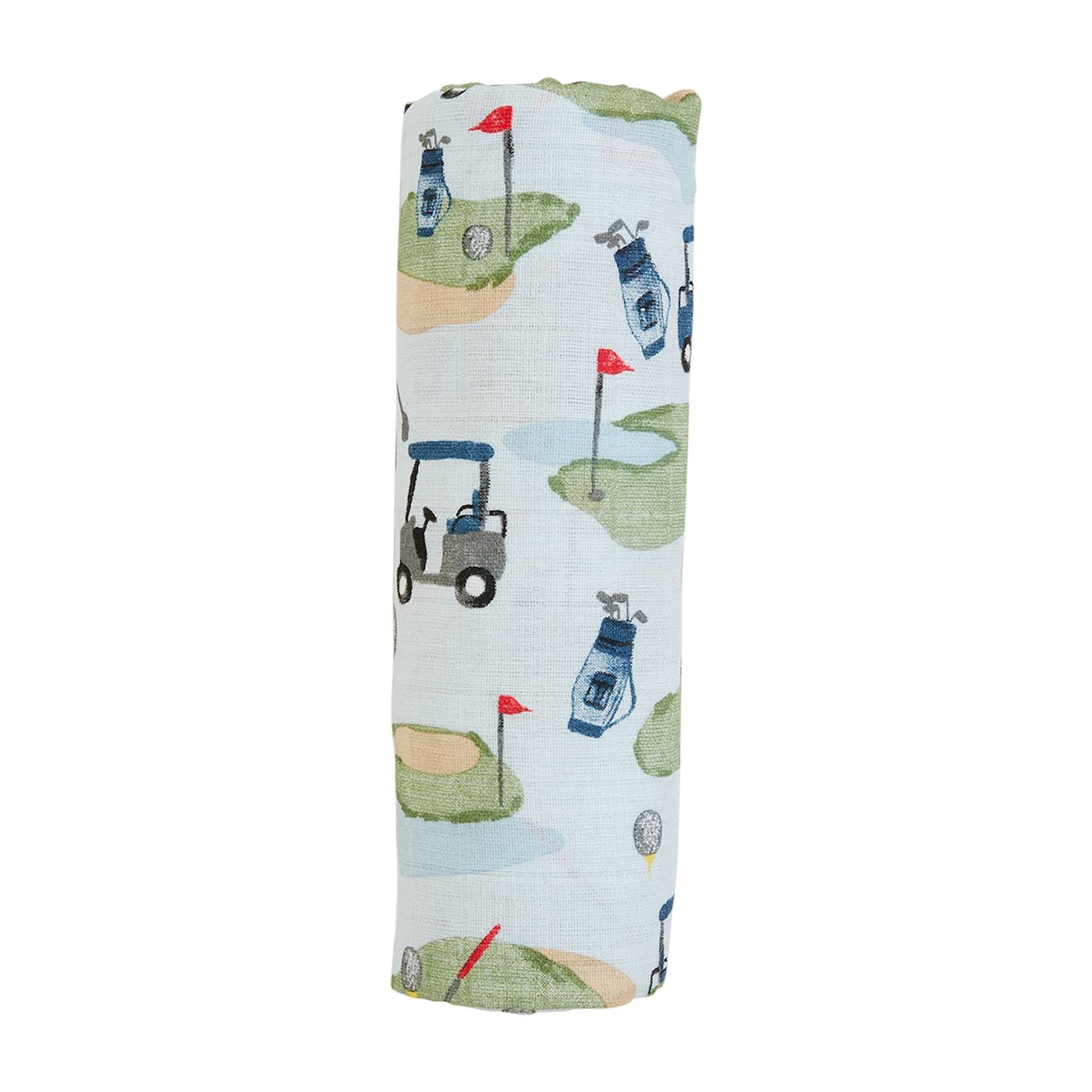 Blue Golf Course Swaddle Blanket. Measuring 47" x 47", it provides ample space for swaddling, cuddling, and more. Made from 100% Cotton.