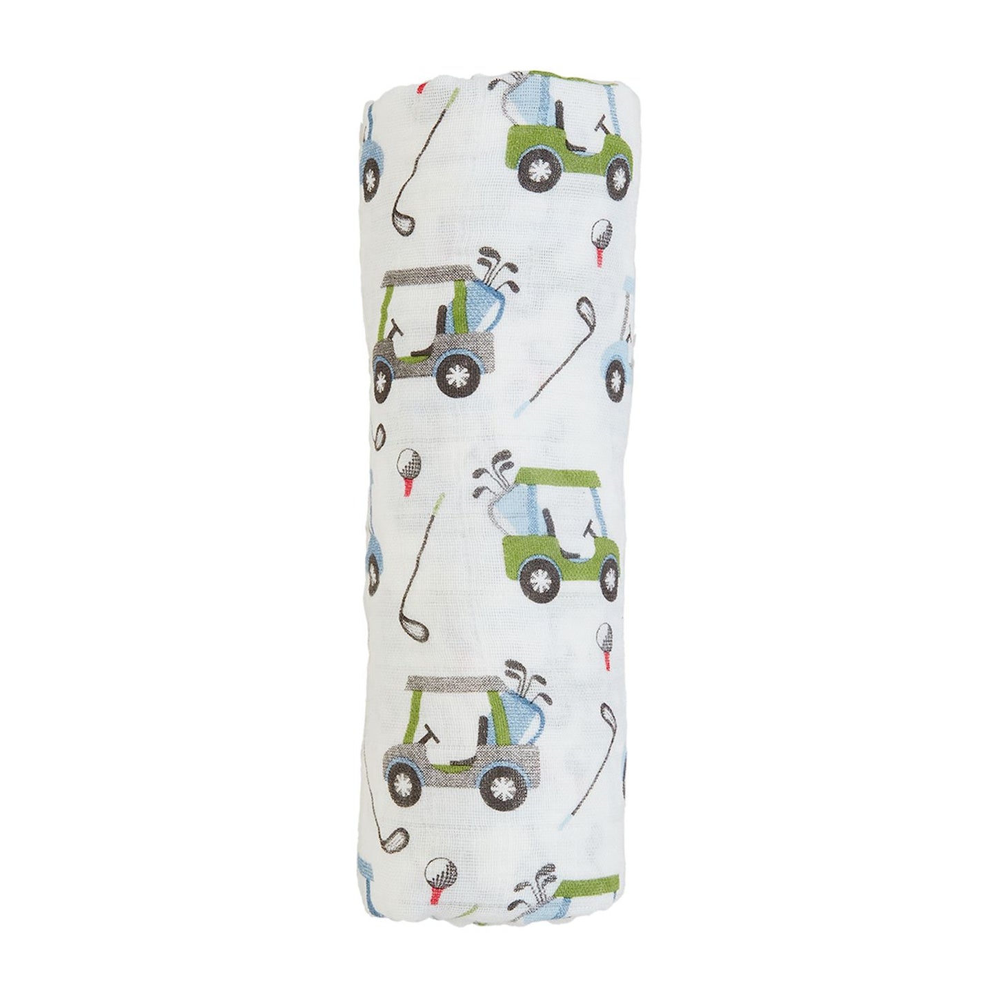 White Golf Cart Swaddle Blanket. Measuring 47" x 47", it provides ample space for swaddling, cuddling, and more. Made from 100% Cotton.