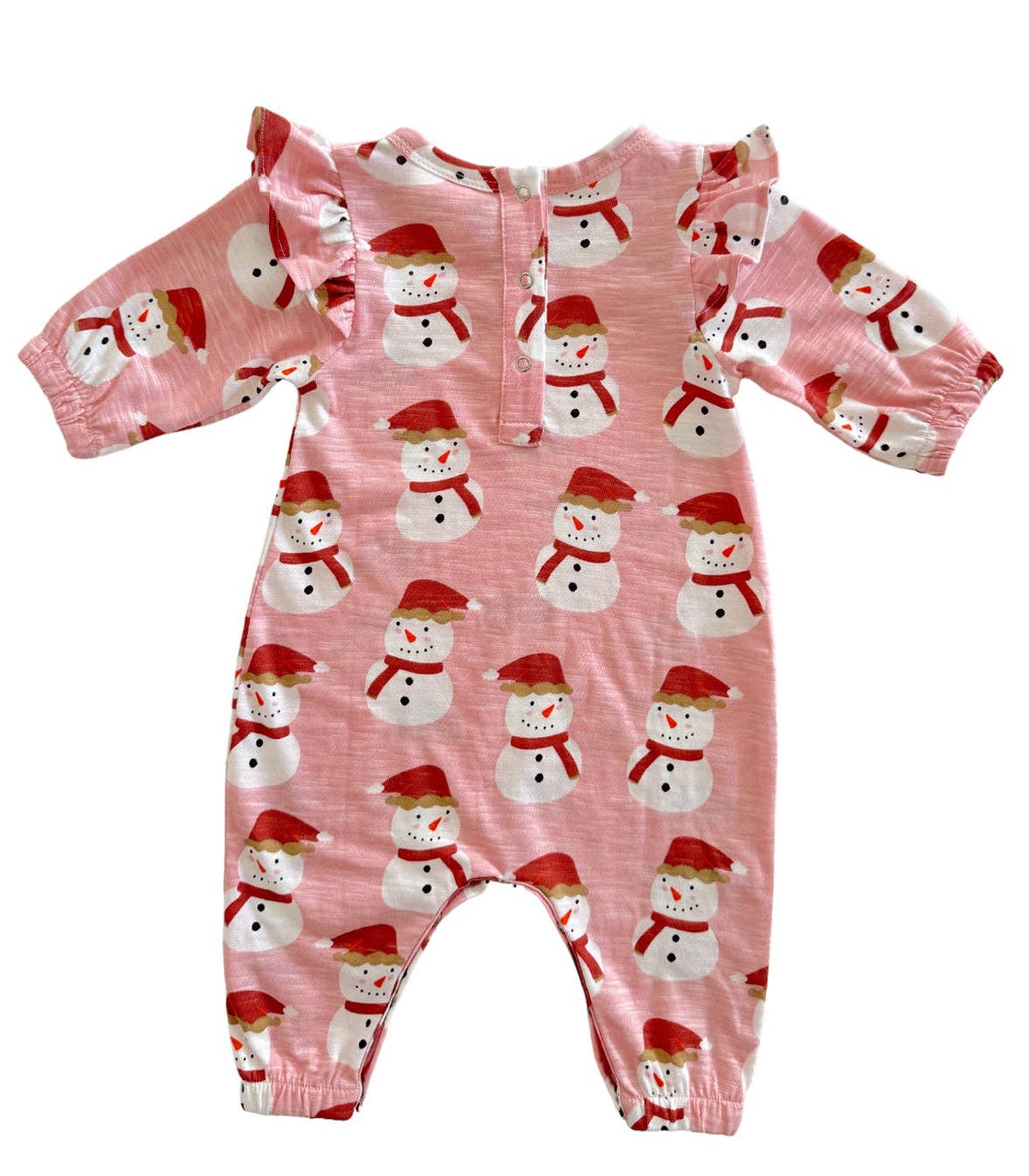 Snowman Pink / Organic Long Sleeve Ruffle Jumpsuit