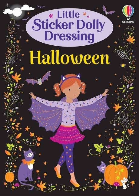 Front cover of Little Sticker Dolly Dressing Halloween from Usborne with a girl in a purple bat costume