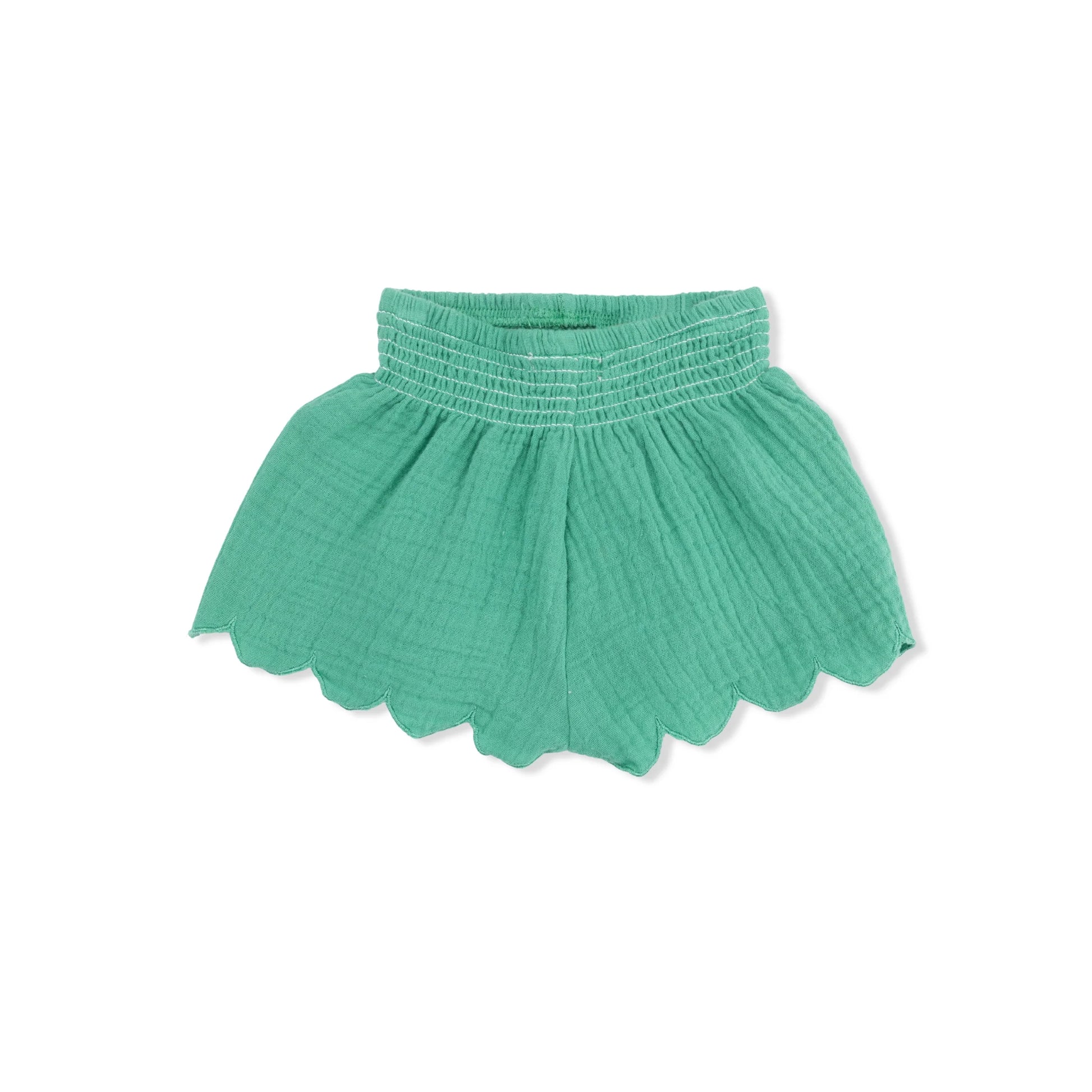 Green scalloped shorts on a white background