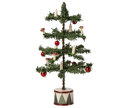 Decorative Christmas tree with red ornaments and candles on a white background