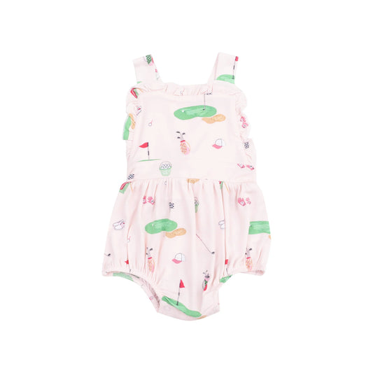 Baby girl's ruffle bubble in golf things pink pattern. 