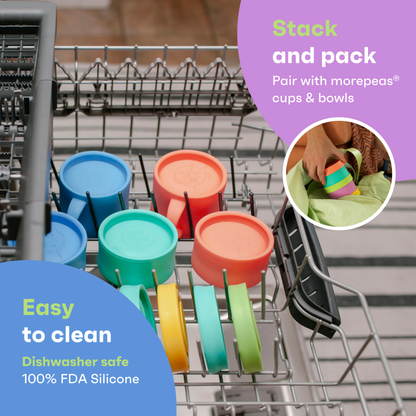 Colorful silicone cups stacked in a dishwasher with text about dishwasher safety and FDA compliance.