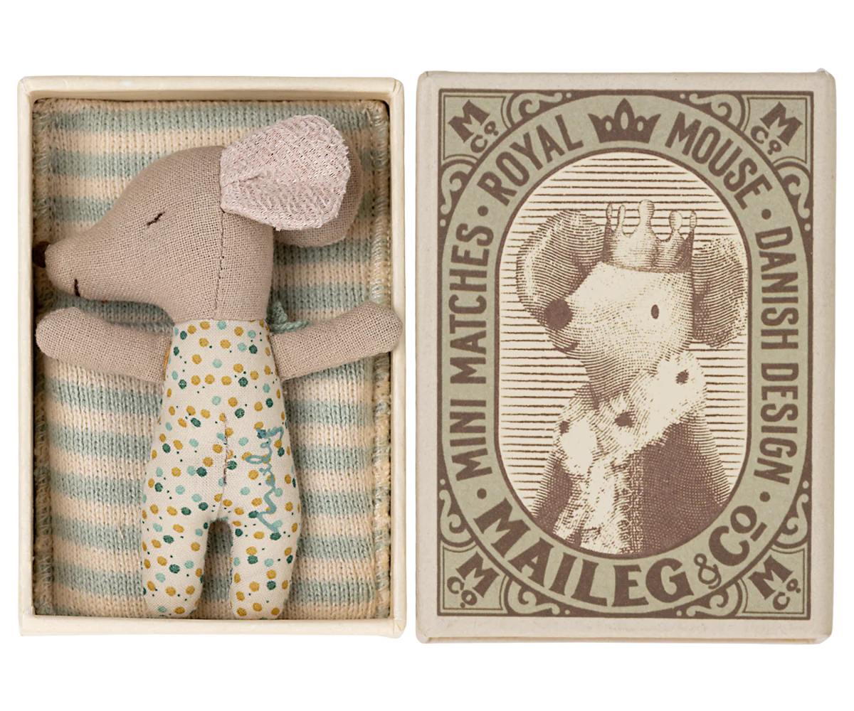 Sleepy/wakey baby mouse in matchbox - Blue