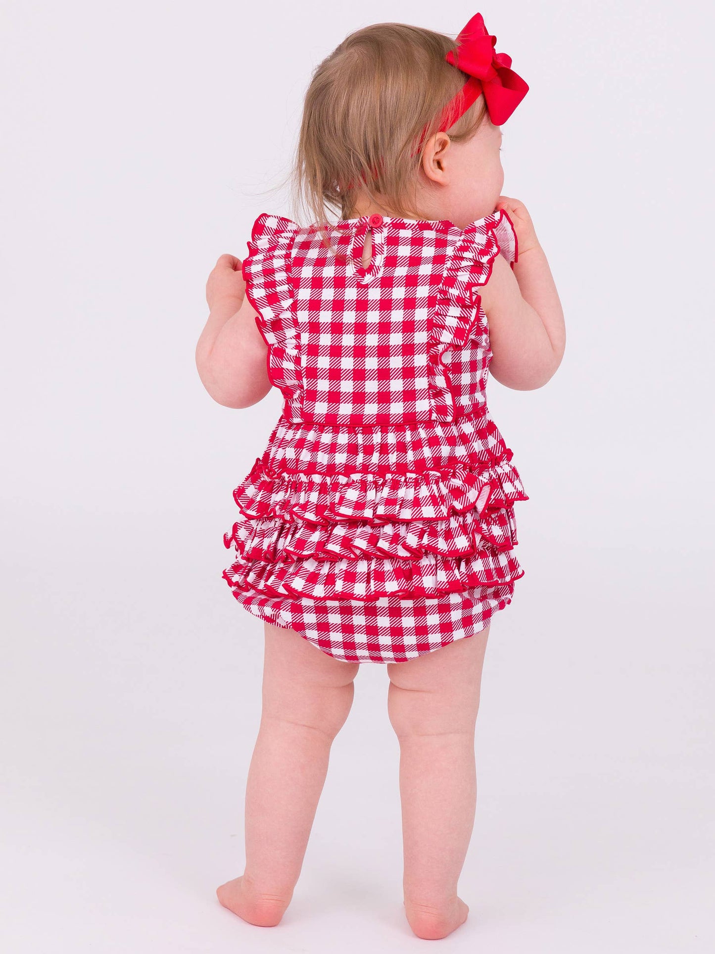 Baby Girls Red Gingham Knit Sleeveless Waterfall Romper