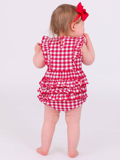 Baby Girls Red Gingham Knit Sleeveless Waterfall Romper