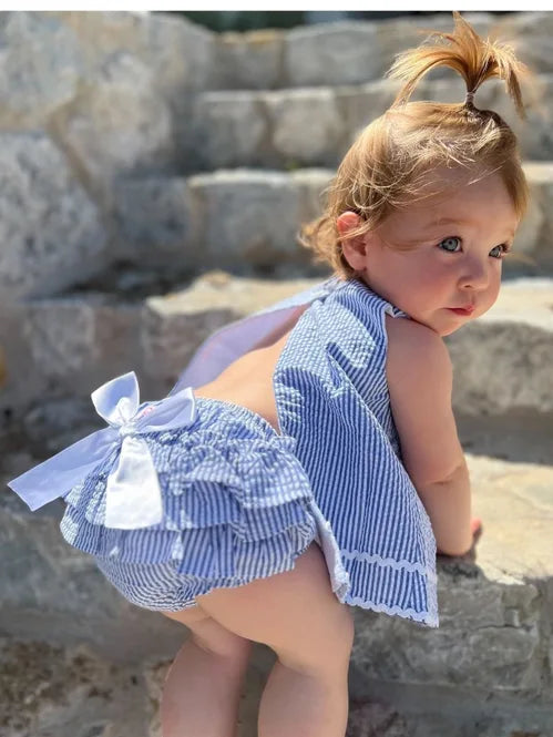 Blue Seersucker Ric Rac Swing Top & Bloomer Set