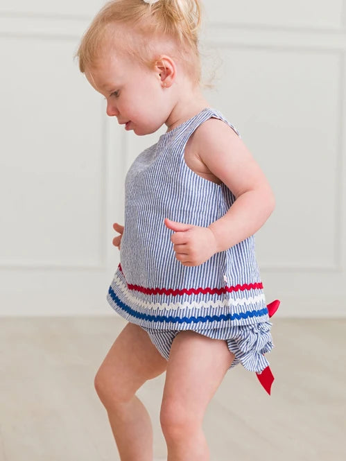 Classic Blue Americana Seersucker Ric Rac Swing Top & Bloomer Set