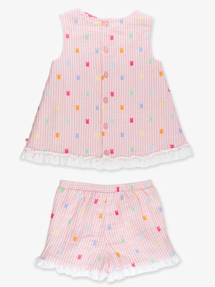 Girls Pink Bunny Stripe Cotton Gauze Swing Top & Short Set