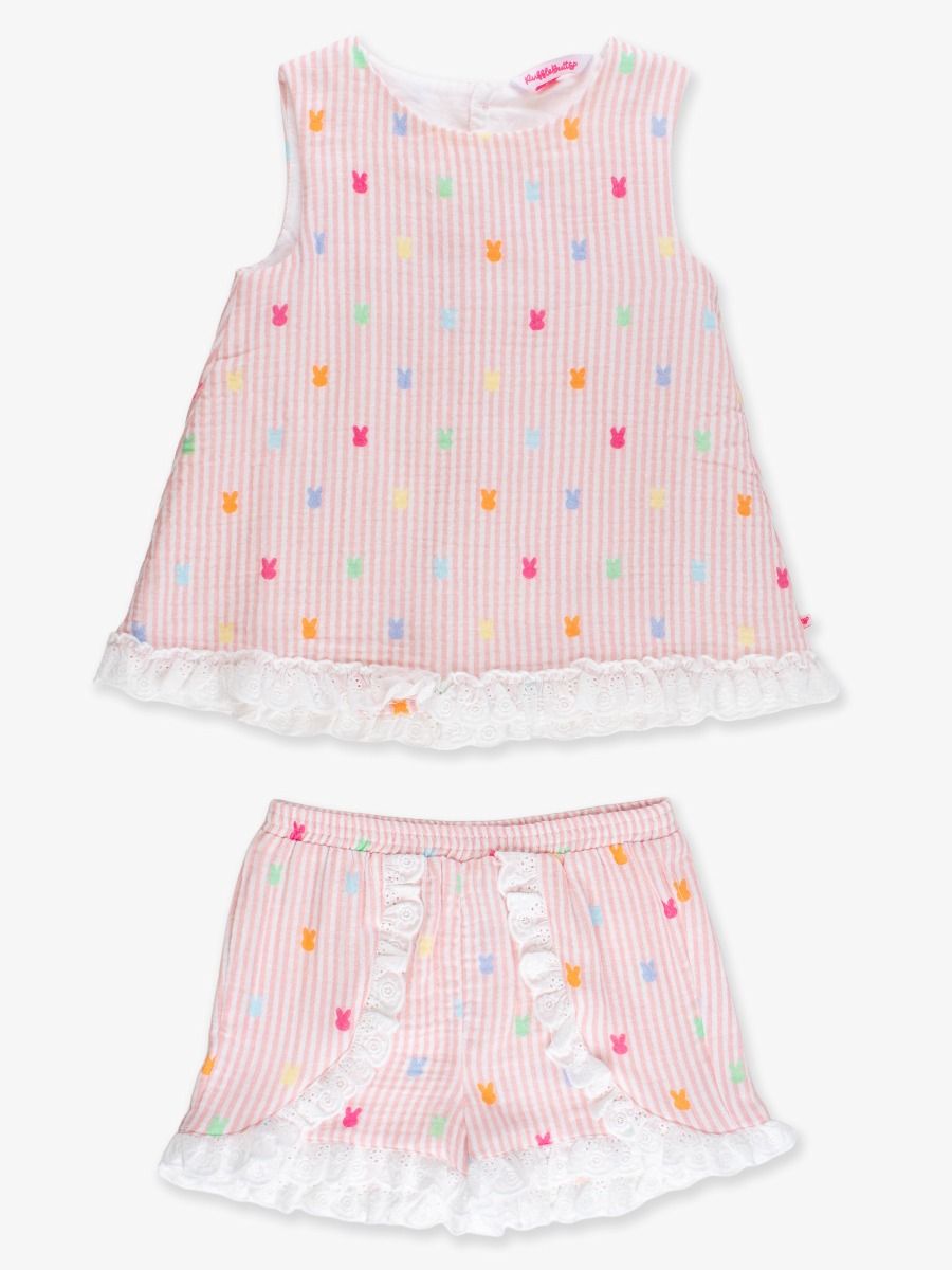 Girls Pink Bunny Stripe Cotton Gauze Swing Top & Short Set