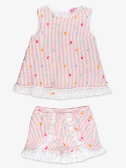 Girls Pink Bunny Stripe Cotton Gauze Swing Top & Short Set