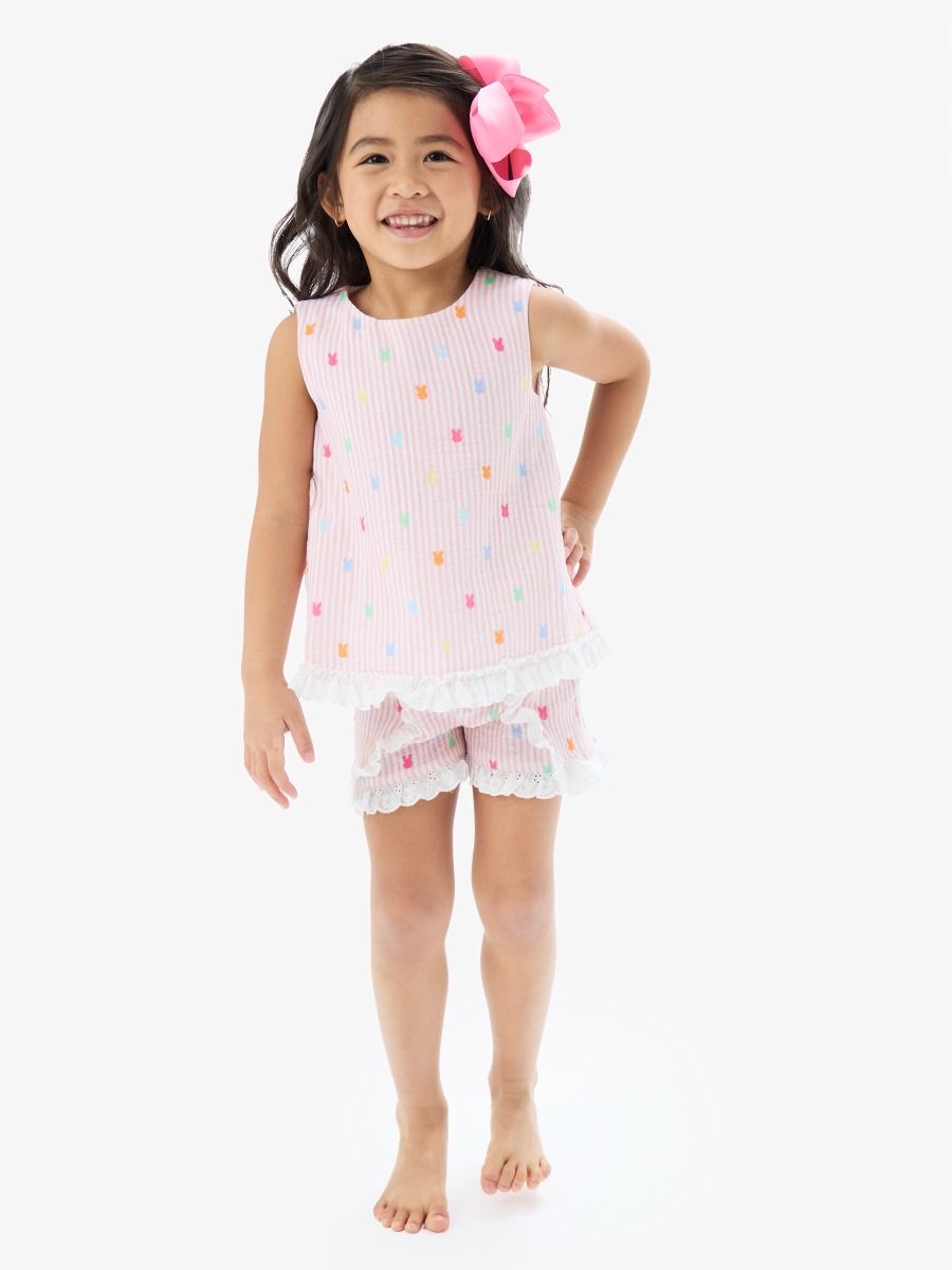 Girls Pink Bunny Stripe Cotton Gauze Swing Top & Short Set
