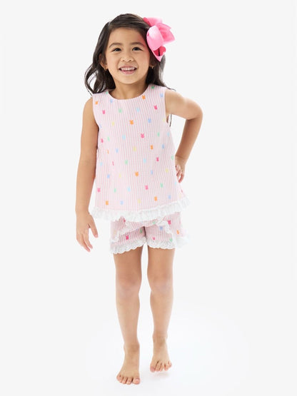 Girls Pink Bunny Stripe Cotton Gauze Swing Top & Short Set