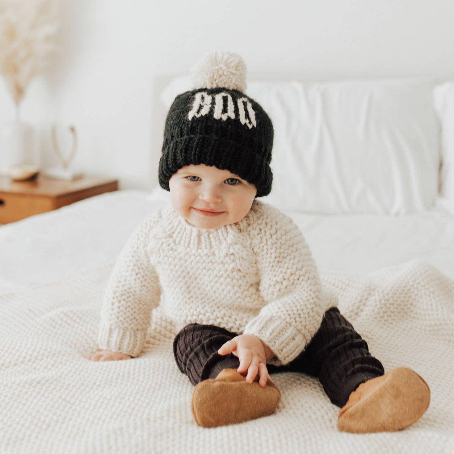 BOO Black Hand Knit Halloween Beanie Hat  Baby to Big Kid