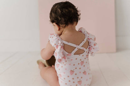 Strawberry Ruffle Sleeve Cross Back Swimsuit