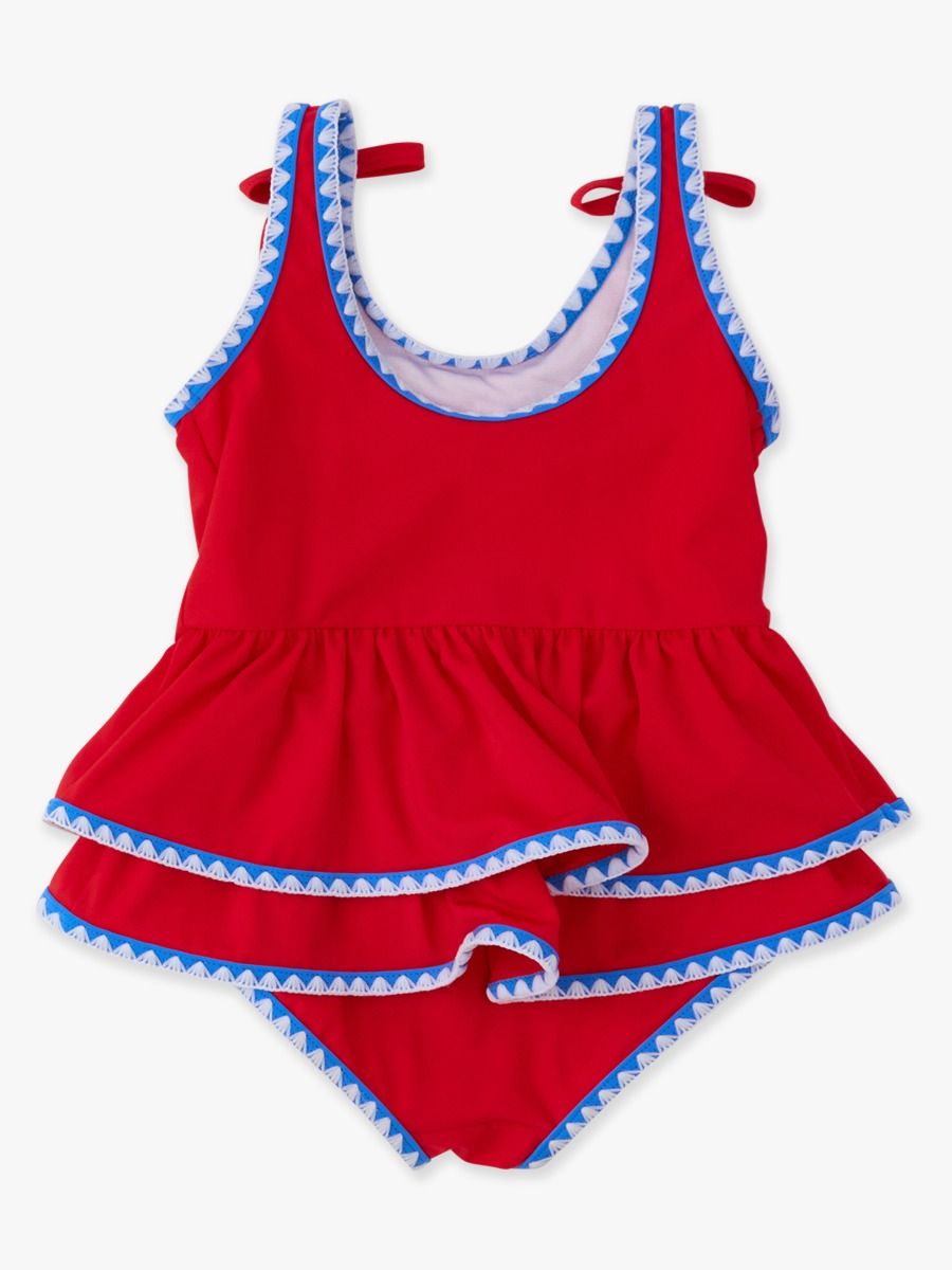 Girls Vintage Red Crochet Peplum One Piece Swimsuit