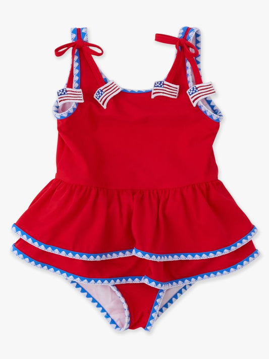 Girls Vintage Red Crochet Peplum One Piece Swimsuit