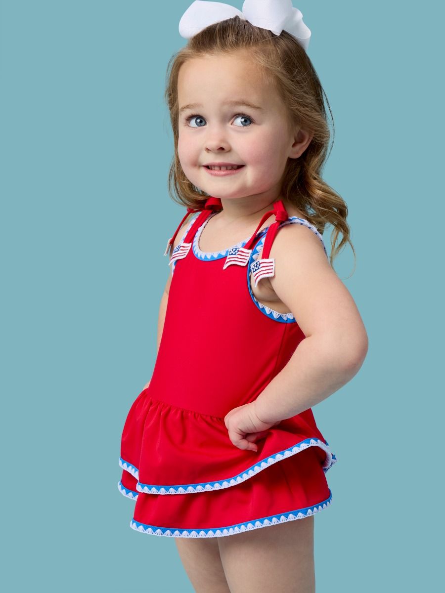 Girls Vintage Red Crochet Peplum One Piece Swimsuit