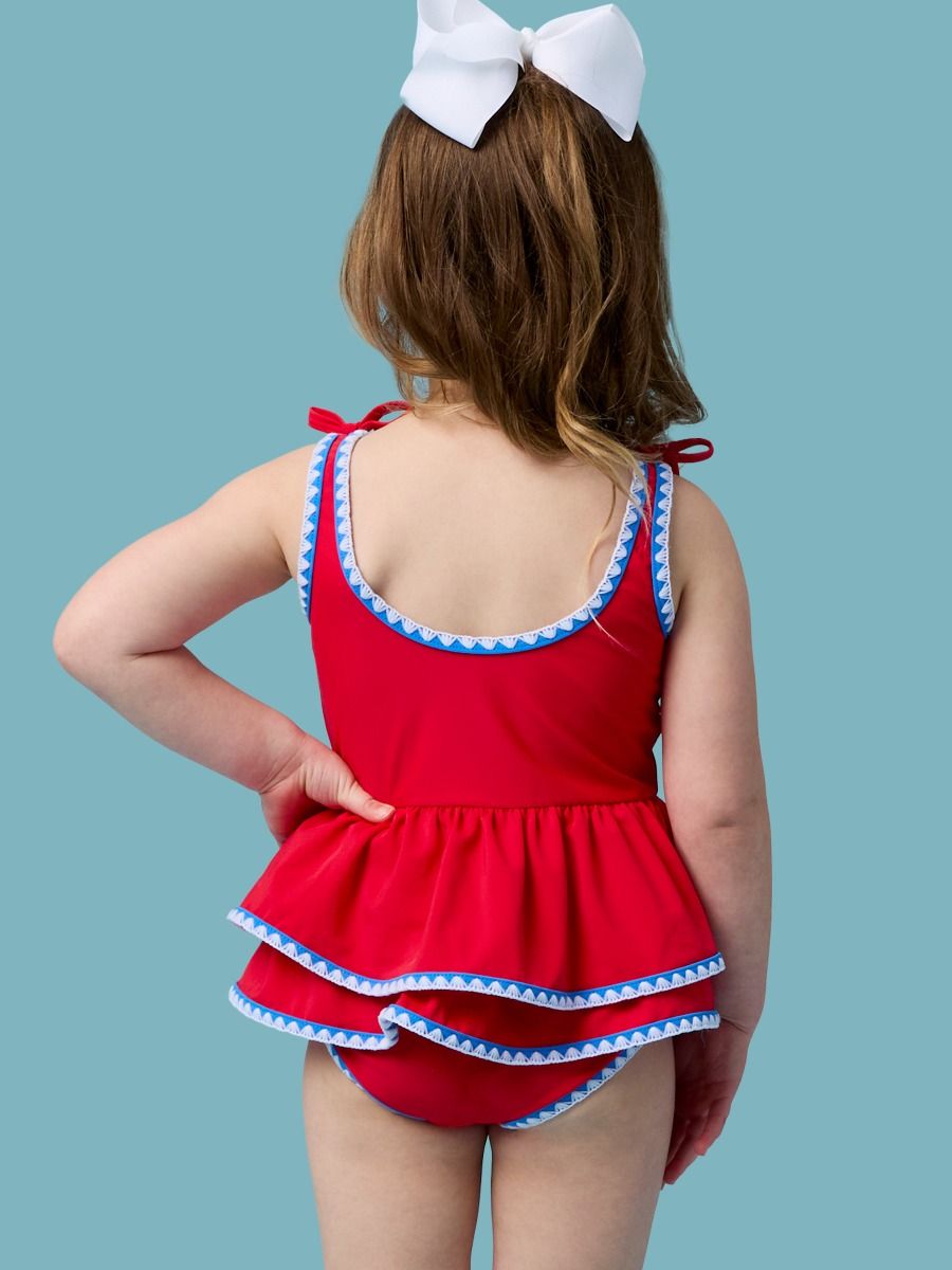 Girls Vintage Red Crochet Peplum One Piece Swimsuit