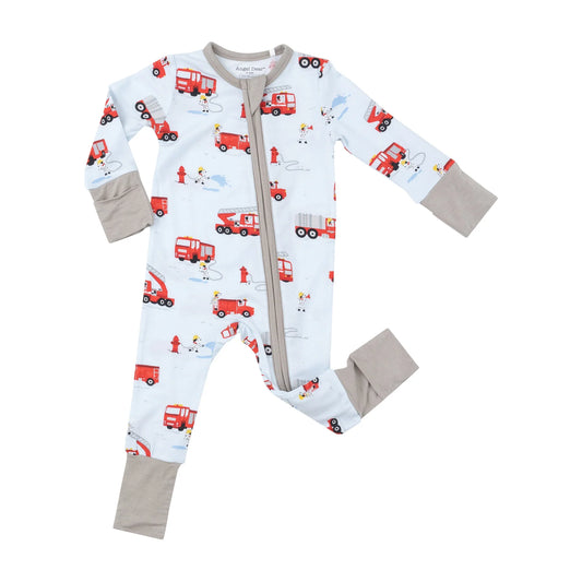 firetruck dalmations two way zipper romper. Bamboo pajamas features different fire truck images with dalmation dog. blue pajamas with gray fold over mittens and footies and gray detailing on zipper and collar. 