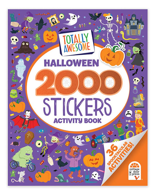 Front cover of the Cottage Door Press Totally Awesome Halloween 2000 Stickers Activity Book with pumpkins, ghosts and bats
