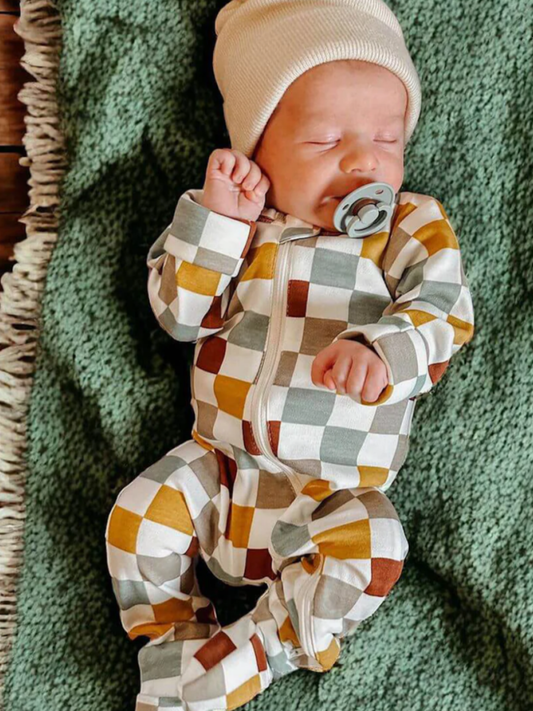 Cannoli Checkerboard / Organic 2-Way Zip Romper