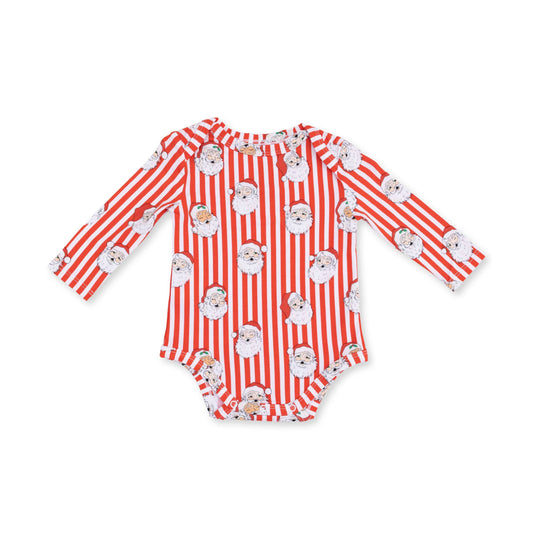 Angel Dear Vintage Santa Stripe long sleeve bodysuit with red and white stripes and Santa faces
