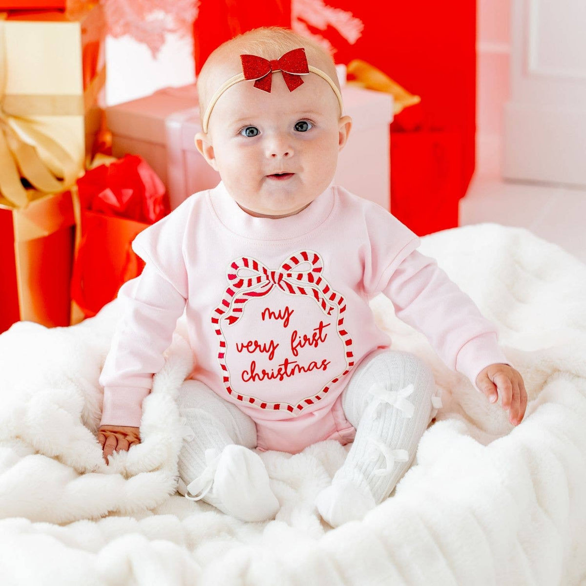 My First Christmas Sequin Bow Patch Long Sleeve Romper - view 2