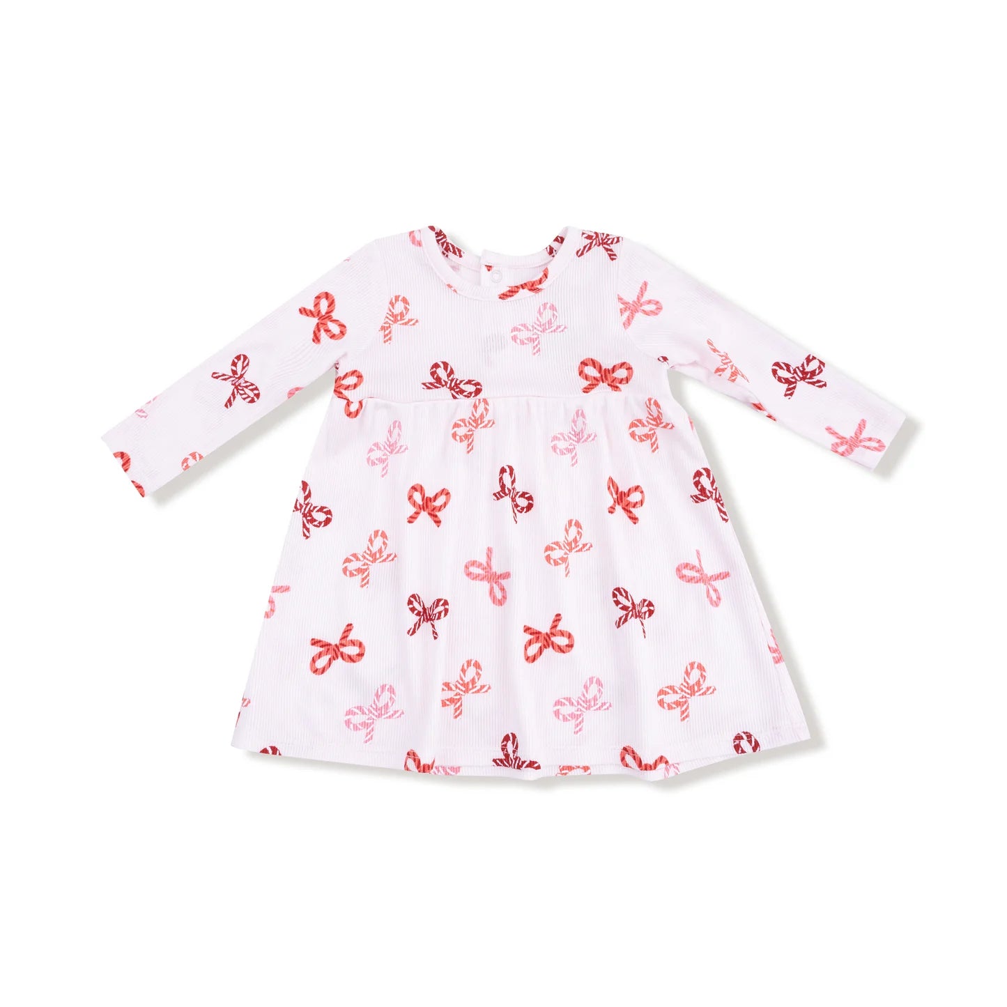 White dress with red and pink bow pattern on a white background
