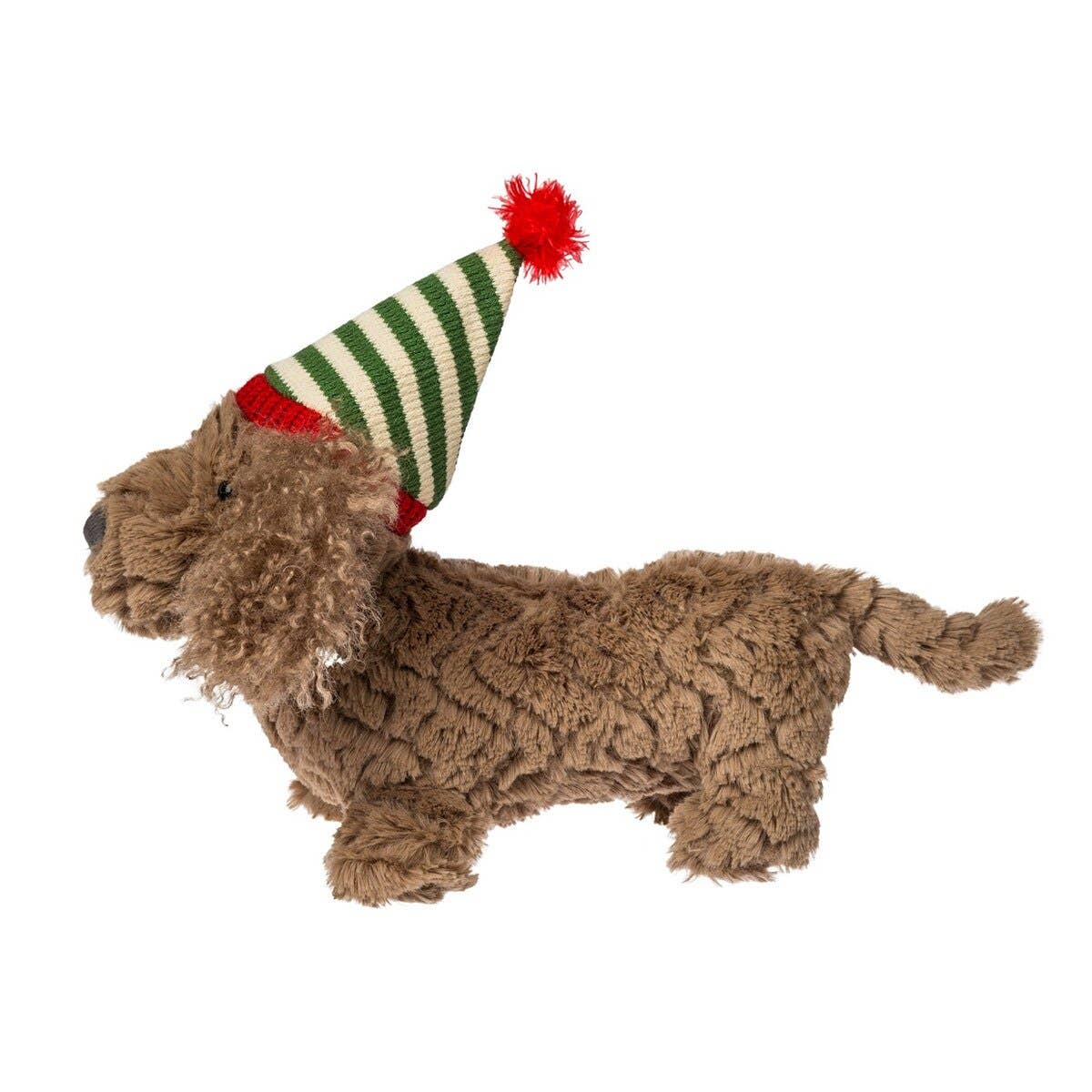 Plush dog toy with a striped green and red hat on a white background