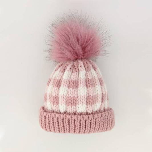 Rosy Pink Buffalo Check Pom Pom Beanie Hat Baby & Kids