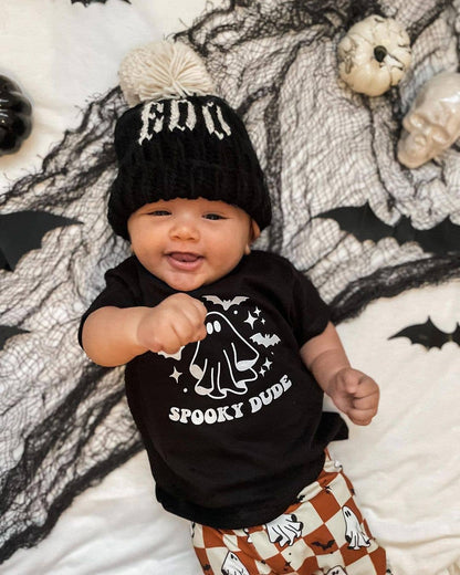 BOO Black Hand Knit Halloween Beanie Hat  Baby to Big Kid