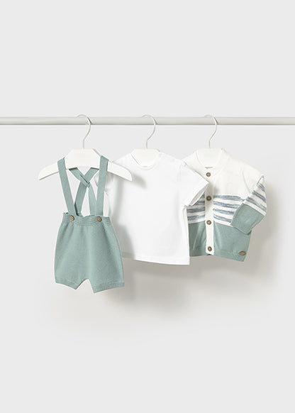 Newborn 3-Piece Mint Knit Set with Striped Cardigan. 