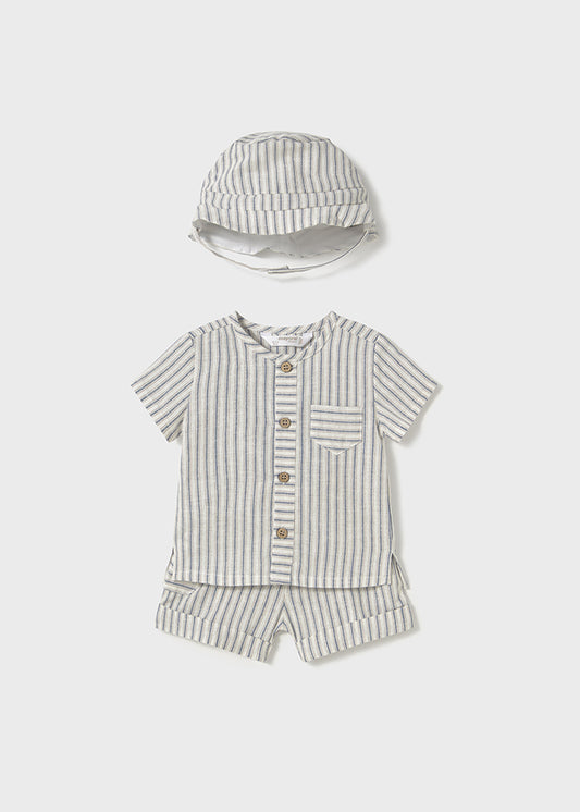 Newborn and baby boy 3-Piece Striped Linen Shirt and Short Set with Hat.