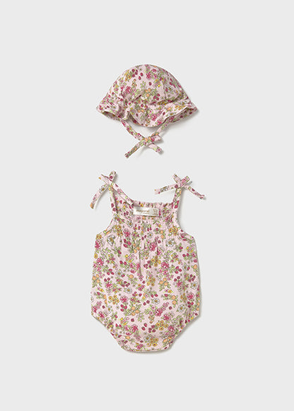Newborn Baby Pink Floral Romper and Hat Set