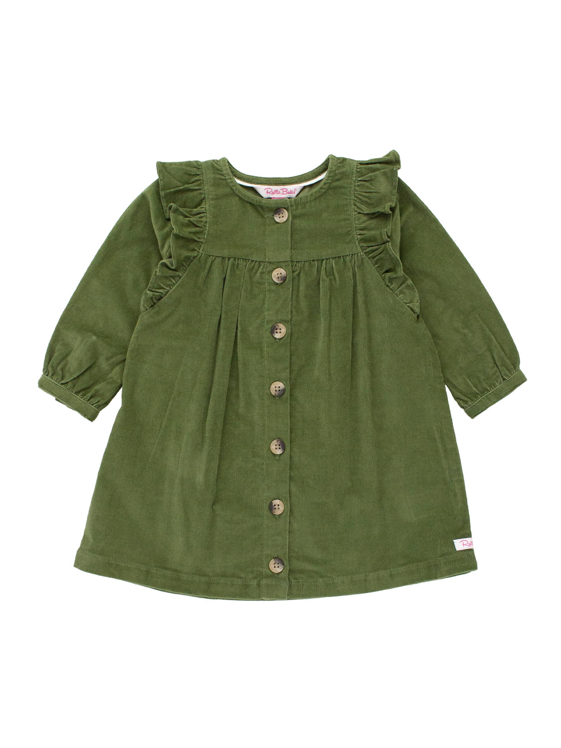 Toddler Dusty Olive Stretch Corduroy Ruffle Detail Dress - 3T by RuffleButts