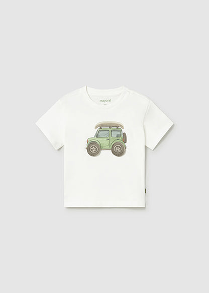 White t-shirt with a green car graphic on a light gray background