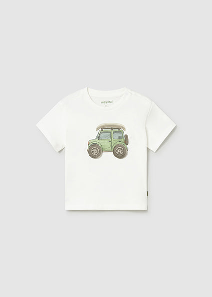 White t-shirt with a green car graphic on a light gray background