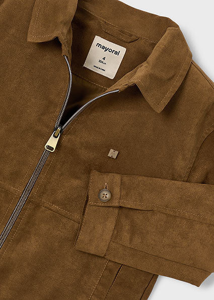 Brown jacket with a visible brand label on a white background