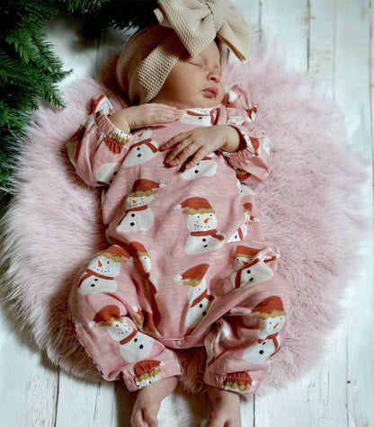 Snowman Pink / Organic Long Sleeve Ruffle Jumpsuit