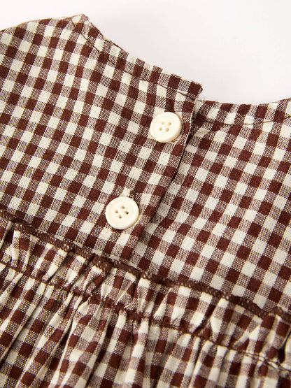 Gingham Baby Romper with Long Sleeve Puff Design