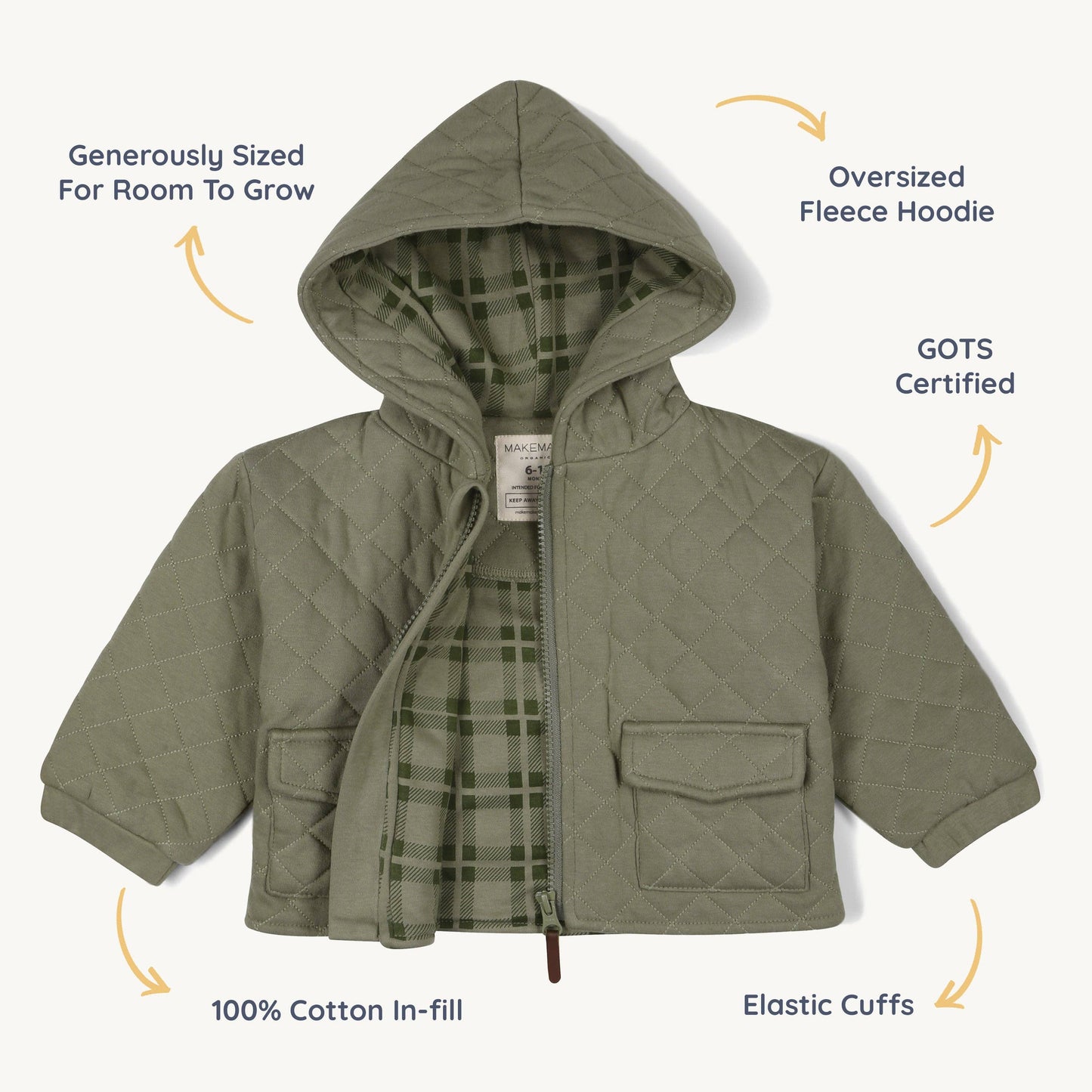 Organic Quilted Hooded Jacket - Olive