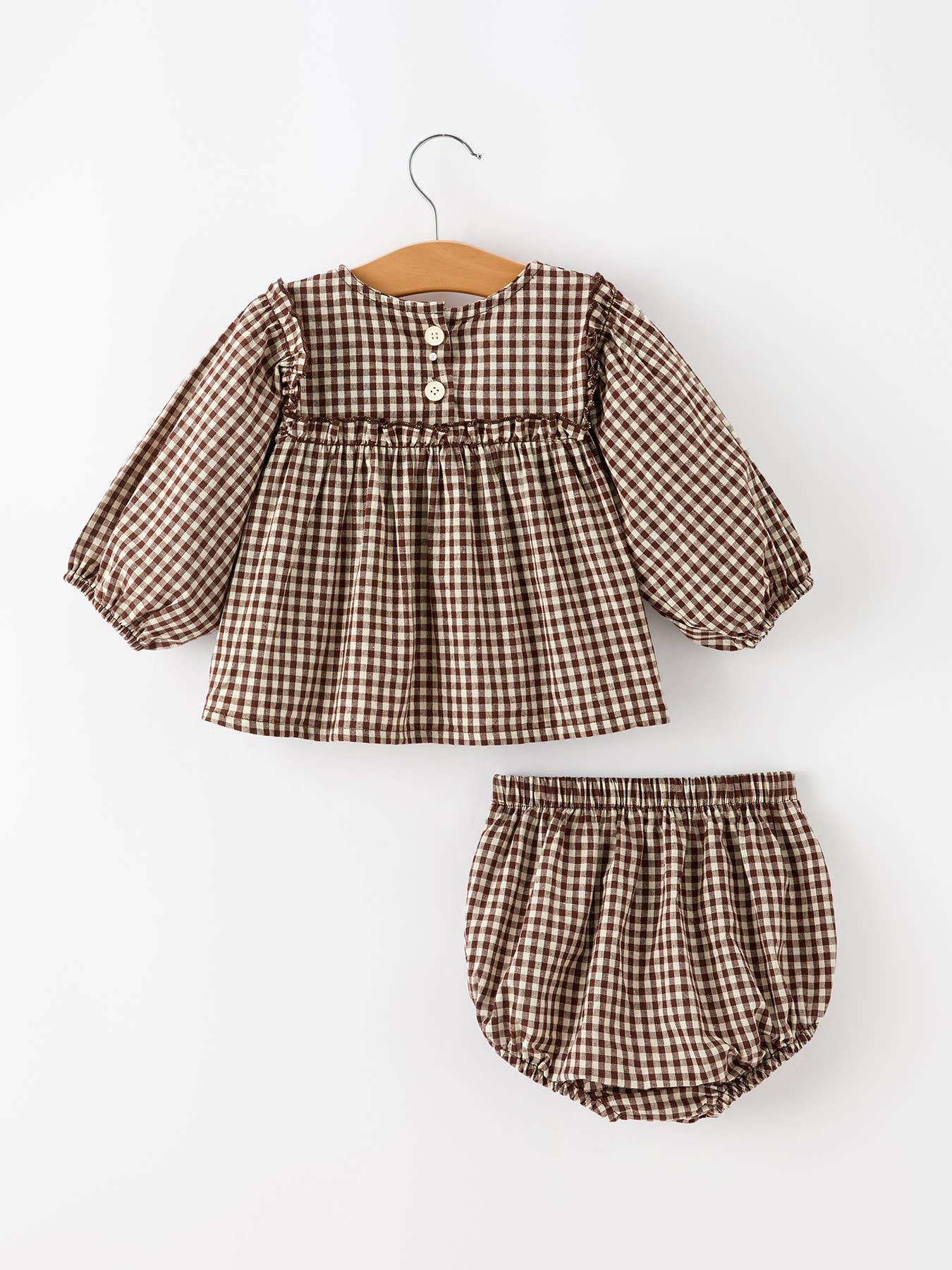 Gingham Baby Romper with Long Sleeve Puff Design
