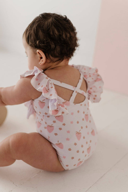 Strawberry Ruffle Sleeve Cross Back Swimsuit
