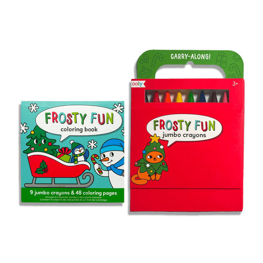Frosty Fun carry-along coloring book and jumbo crayon set in its red carry case