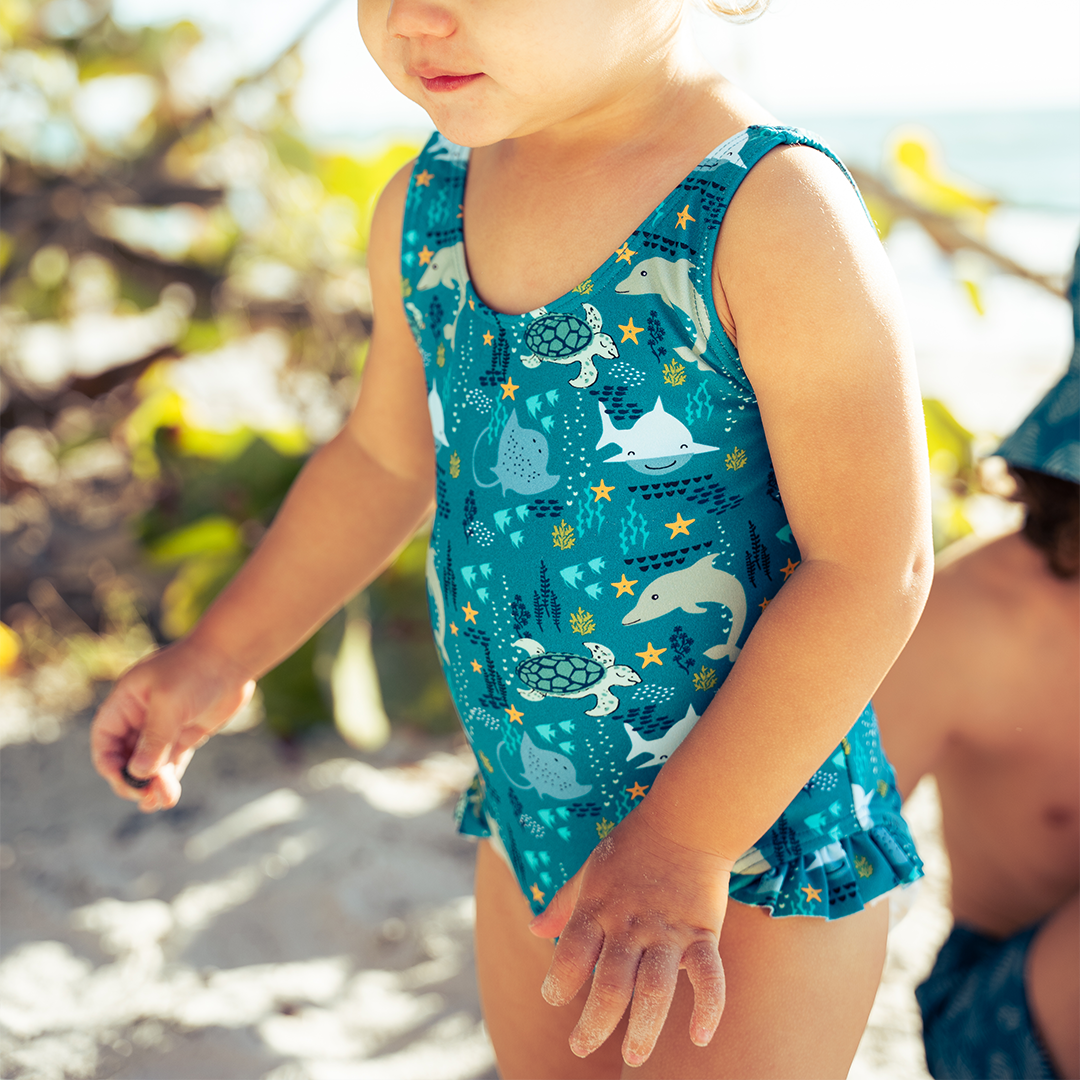Babyhug Half Raglan Sleeves Legged Swimsuit With Sea Animal Print - Blue main image 1