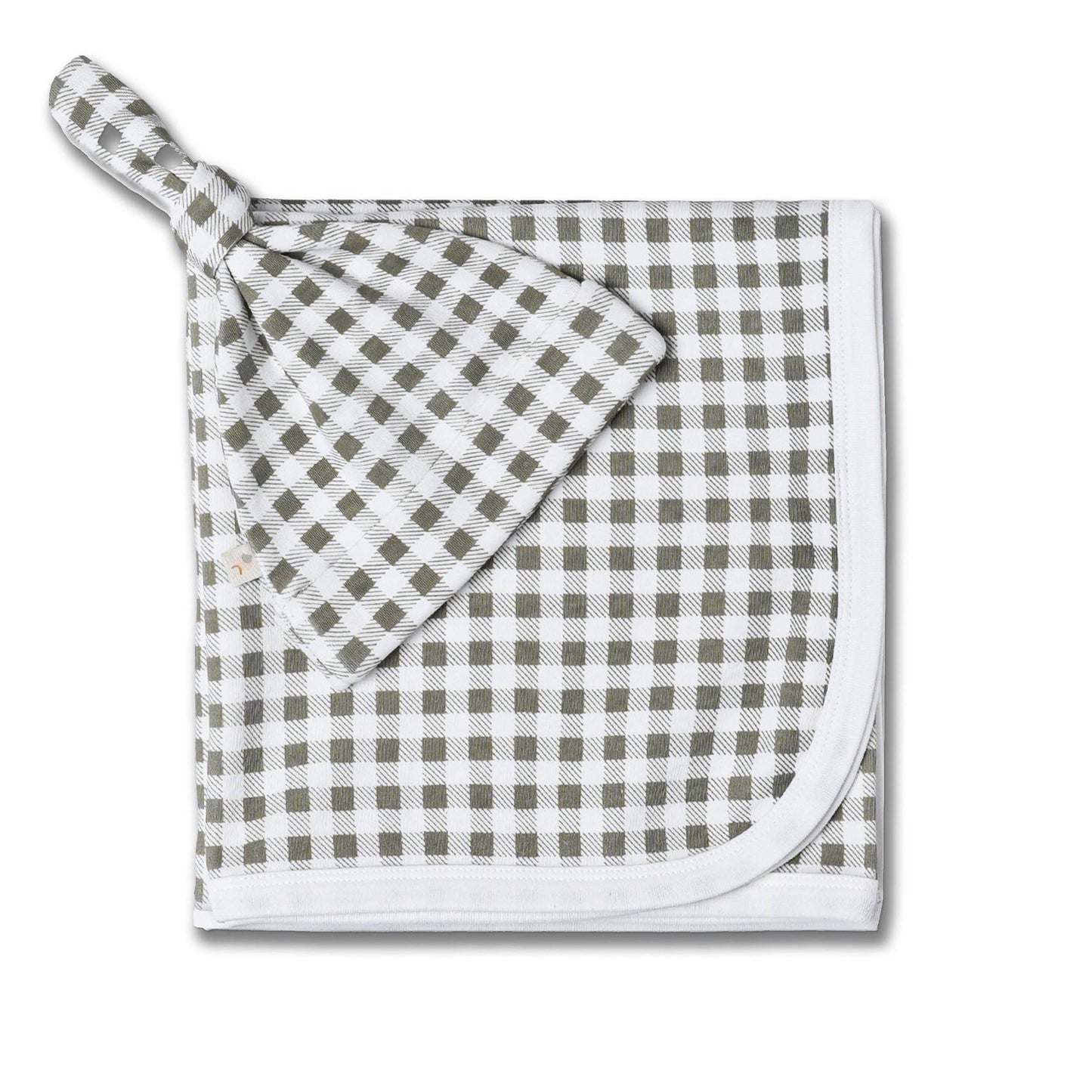 Organic Swaddle Blanket & Hat Set - Olive Gingham
